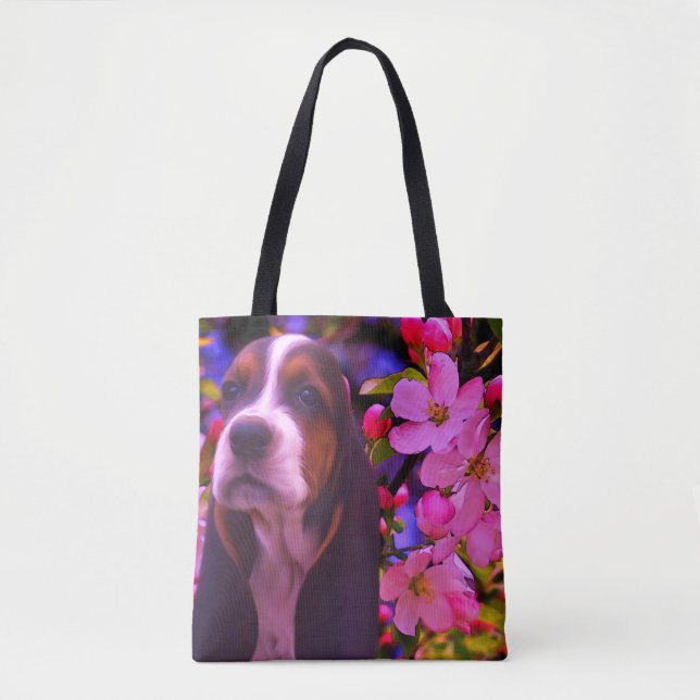 Basset Hound Puppy Blossoms Dog Art  Tote Bag (Front)