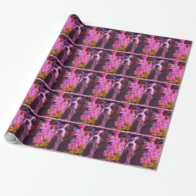 Basset Hound Puppy Fantasy Flowers Dog Wrapping Paper (Unrolled)