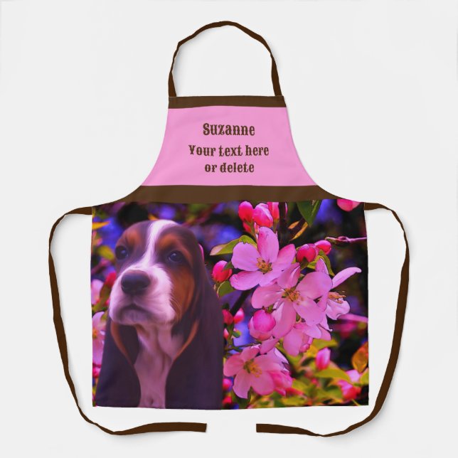 Basset Hound Puppy Flowers Personalised Apron (Front)
