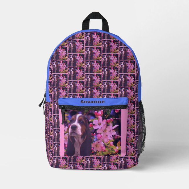 Basset Hound Puppy Flowers Personalised Printed Backpack (Front)