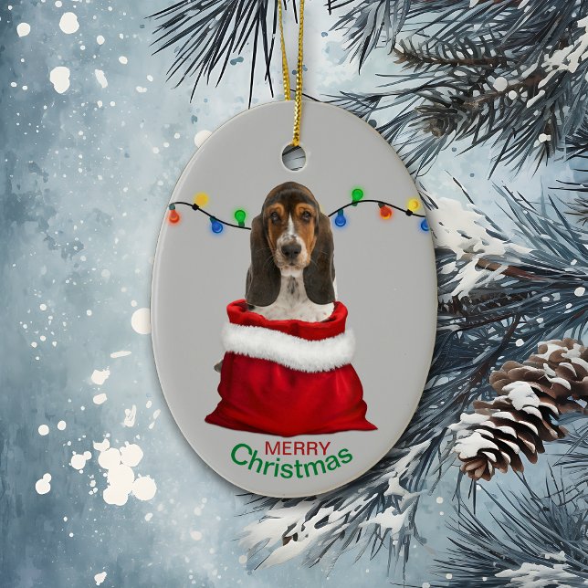 Basset Hound Puppy in Gift Bag Christmas Ceramic Tree Decoration (Creator Uploaded)