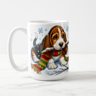 Basset Hound Puppy in Snow With Scarf and Branch Coffee Mug