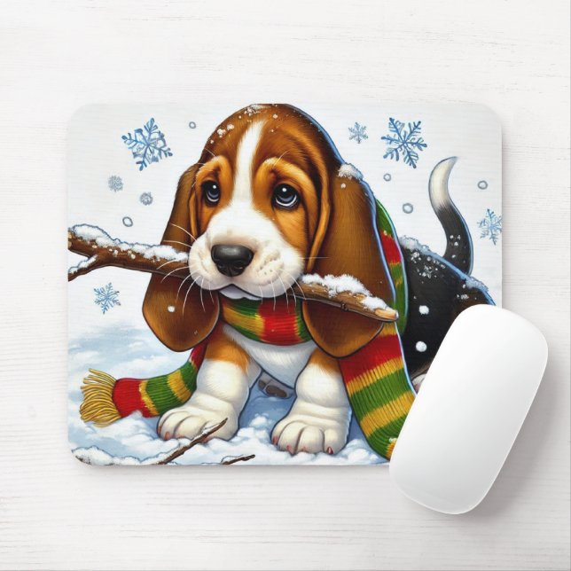 Basset Hound Puppy in Snow With Scarf and Branch Mouse Mat (With Mouse)