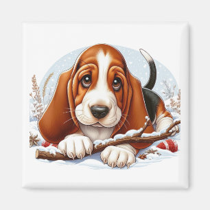 Basset Hound Puppy in Snowy Winter Scene Magnet