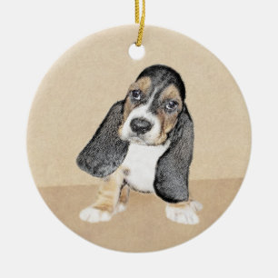 Basset Hound Puppy Painting - Original Dog Art Ceramic Tree Decoration