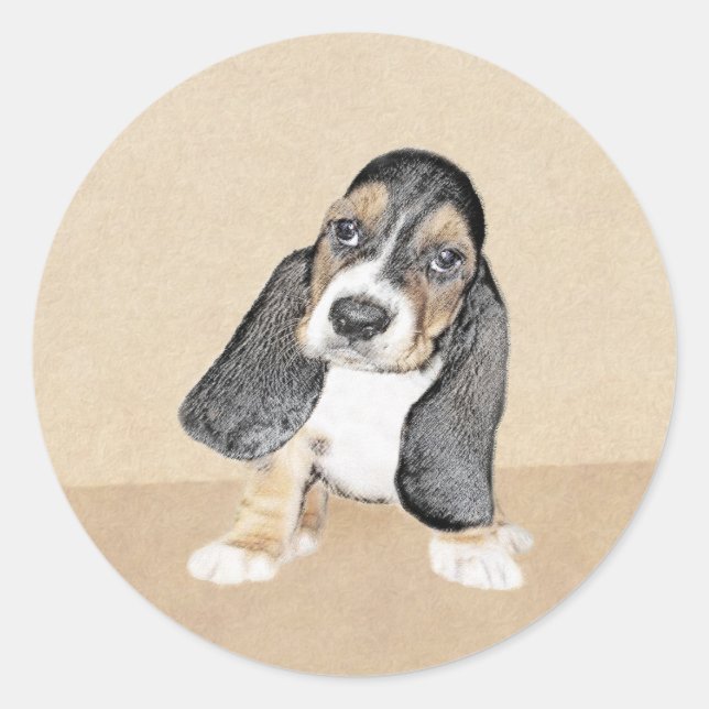 Basset Hound Puppy Painting - Original Dog Art Classic Round Sticker (Front)