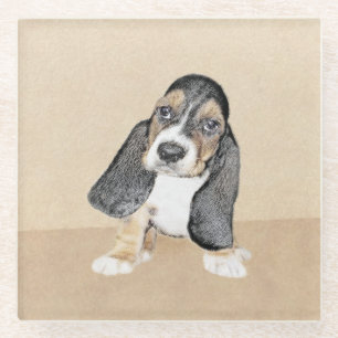 Basset Hound Puppy Painting - Original Dog Art Glass Coaster