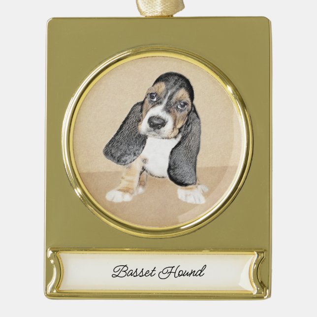 Basset Hound Puppy Painting - Original Dog Art Gold Plated Banner Ornament (Front)