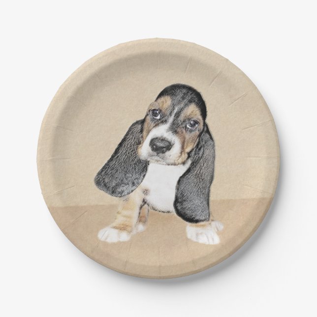 Basset Hound Puppy Painting - Original Dog Art Paper Plate (Front)
