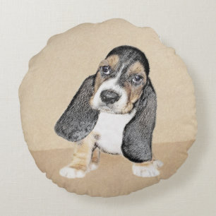 Basset Hound Puppy Painting - Original Dog Art Round Cushion