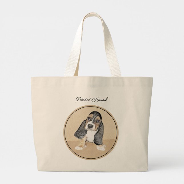 Basset Hound Puppy Painting Tri-colour Cute Dog Ar Large Tote Bag (Back)