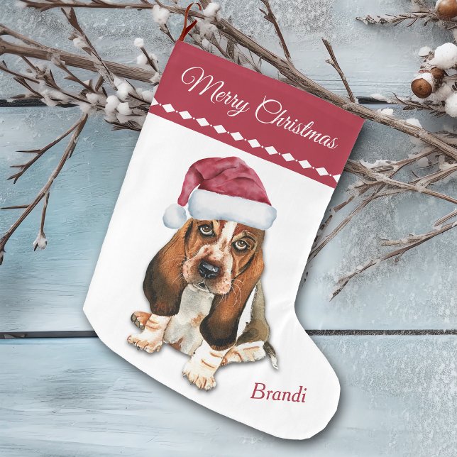 Basset Hound Puppy Snowflake Pattern Large Christmas Stocking (Creator Uploaded)