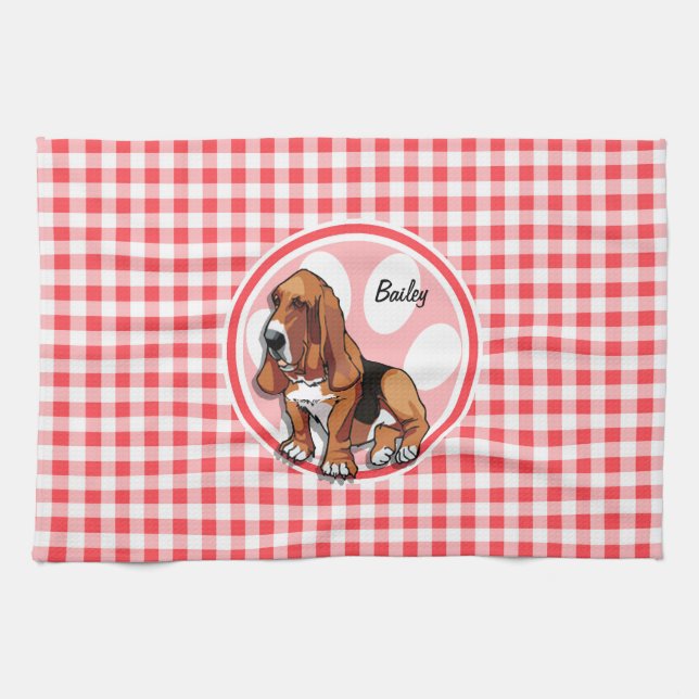 Basset Hound; Red and White Gingham Tea Towel (Horizontal)