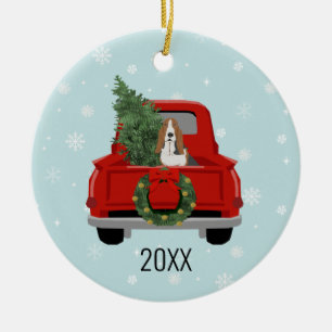 Basset Hound red truck christmas Ceramic Tree Decoration