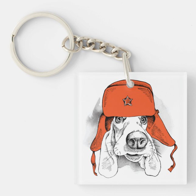 Basset Hound | Red Ushanka Hat Key Ring (Front)