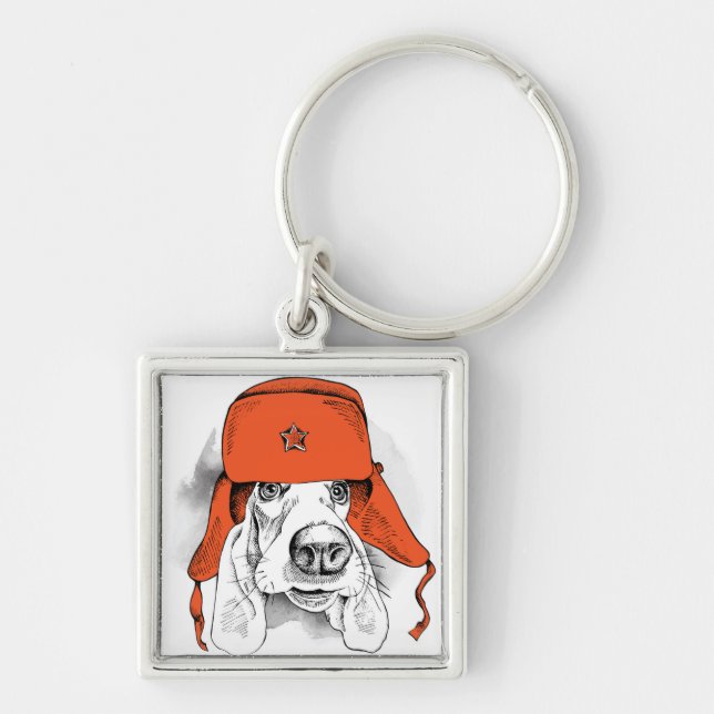 Basset Hound | Red Ushanka Hat Key Ring (Front)