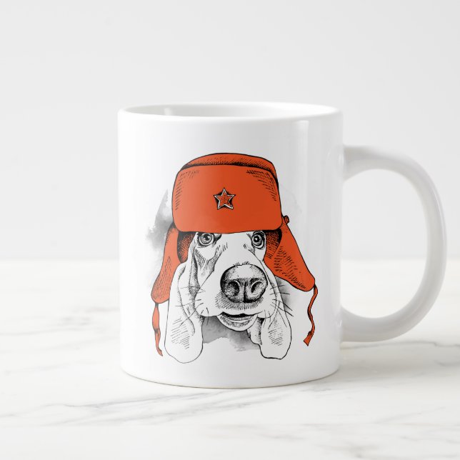 Basset Hound | Red Ushanka Hat Large Coffee Mug (Right)
