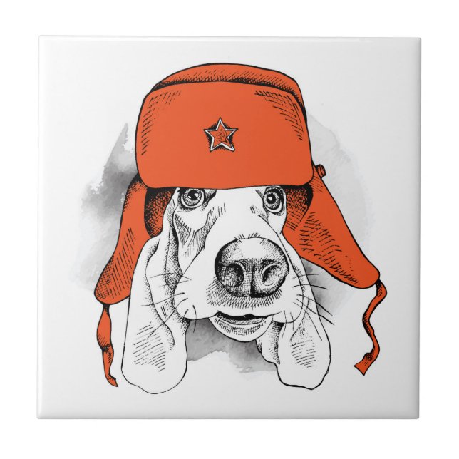 Basset Hound | Red Ushanka Hat Tile (Front)