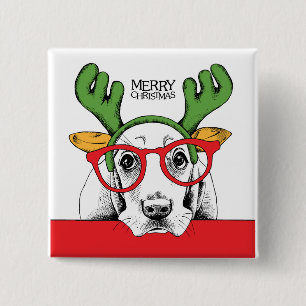 Basset Hound Reindeer 15 Cm Square Badge