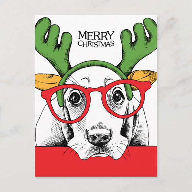 Basset Hound Reindeer Postcard (Front)