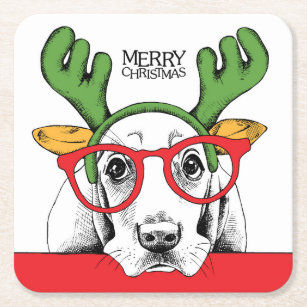 Basset Hound Reindeer Square Paper Coaster