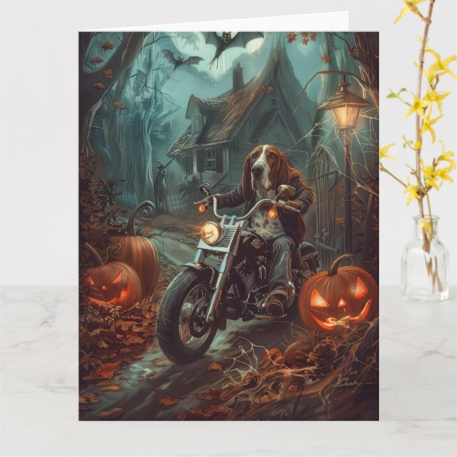 Basset Hound Riding Motorcycle Halloween Scary Card (Yellow Flower)