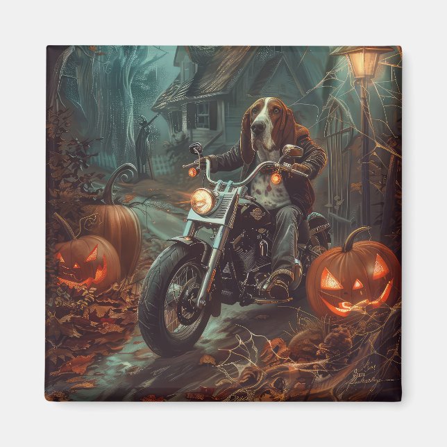 Basset Hound Riding Motorcycle Halloween Scary Magnet (Front)