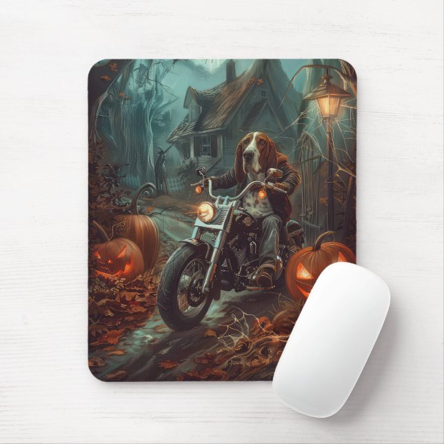 Basset Hound Riding Motorcycle Halloween Scary Mouse Mat (With Mouse)