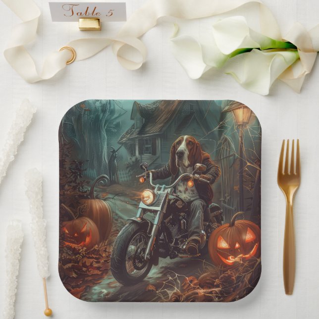Basset Hound Riding Motorcycle Halloween Scary Paper Plate (Wedding)
