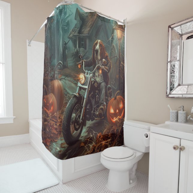 Basset Hound Riding Motorcycle Halloween Scary Shower Curtain (In Situ)