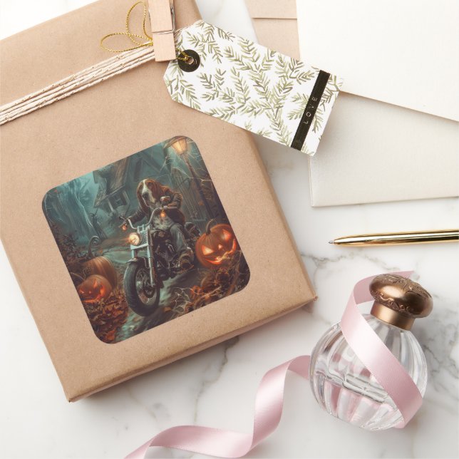 Basset Hound Riding Motorcycle Halloween Scary Square Sticker (Gifting)