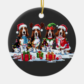 Basset hound Santa hat antlers elf Christmas light Ceramic Tree Decoration
