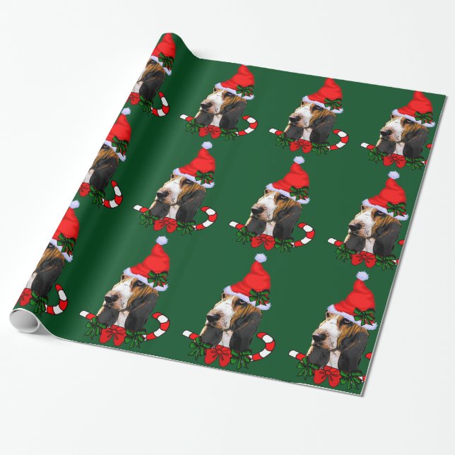 Basset Hound Santa Hat Christmas Wrapping Paper (Unrolled)