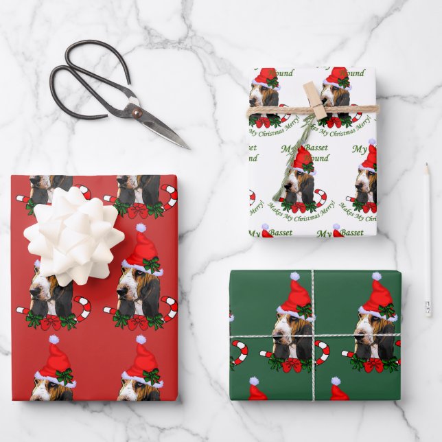Basset Hound Santa Hat Christmas Wrapping Paper Sheet (Front)
