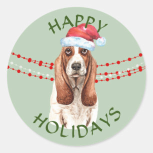 Basset Hound Santa Hat Happy Holidays Classic Round Sticker