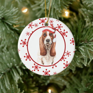Basset Hound Santa Hat Red Snowflake Ceramic Tree Decoration
