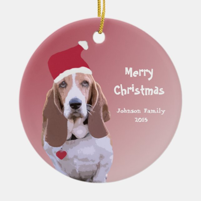 Basset Hound Santa Personalised Christmas Ceramic Tree Decoration (Front)
