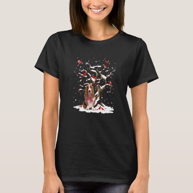 Basset Hound Scarf Cardinal Snow Christmas T-Shirt (Front)