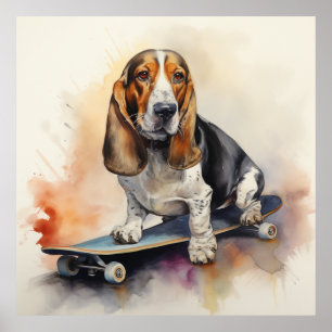Basset Hound sitting on skateboard Poster