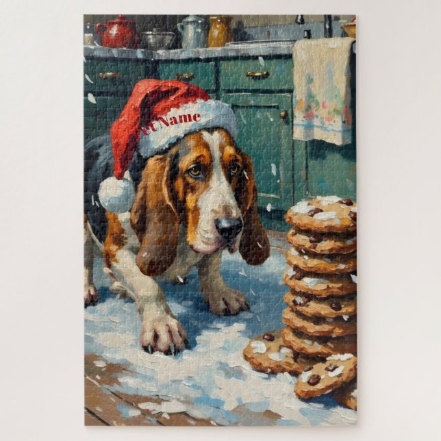 Basset Hound Sniffing Christmas Cookie Trail Hat Jigsaw Puzzle (Vertical)