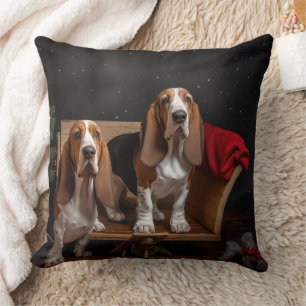 Basset Hound Snowy Sleigh Christmas Decor Cushion