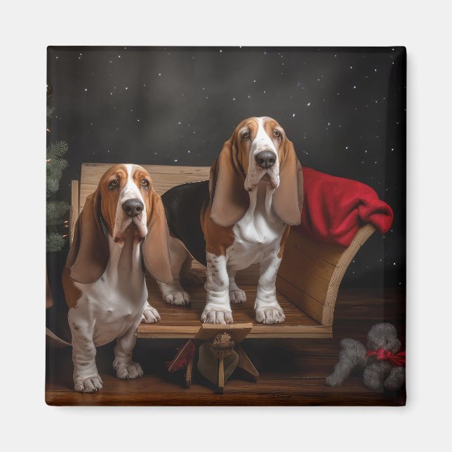 Basset Hound Snowy Sleigh Christmas Decor  Magnet (Front)