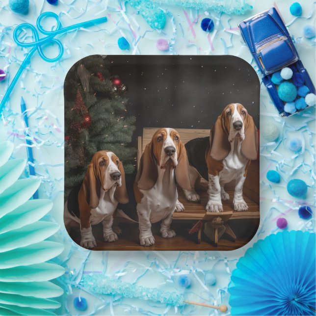 Basset Hound Snowy Sleigh Christmas Decor  Paper Plate (Party)