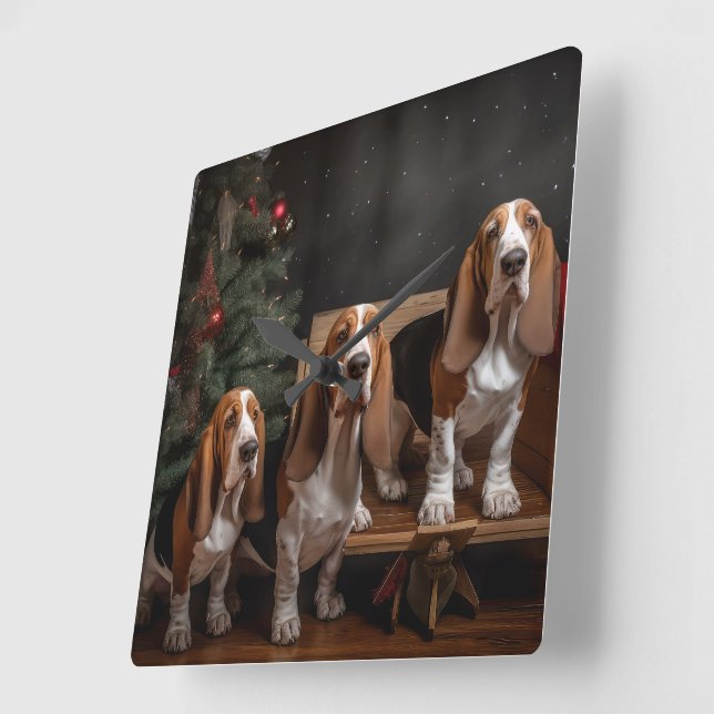 Basset Hound Snowy Sleigh Christmas Decor  Square Wall Clock (Angle)