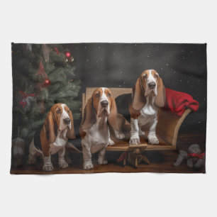 Basset Hound Snowy Sleigh Christmas Decor  Tea Towel