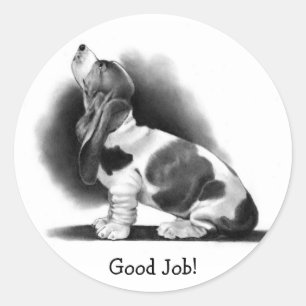 BASSET HOUND STICKER: Good Job! PENCIL ART Classic Round Sticker