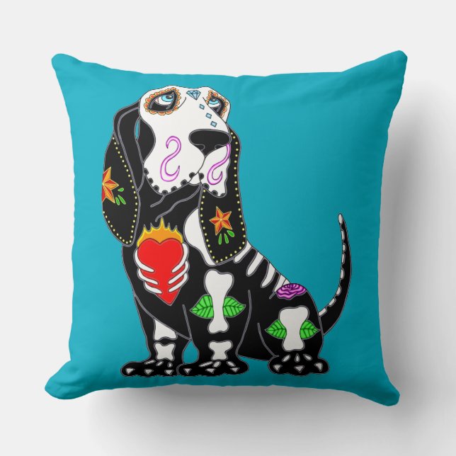 Basset Hound Sugar Skull Cushion (Front)