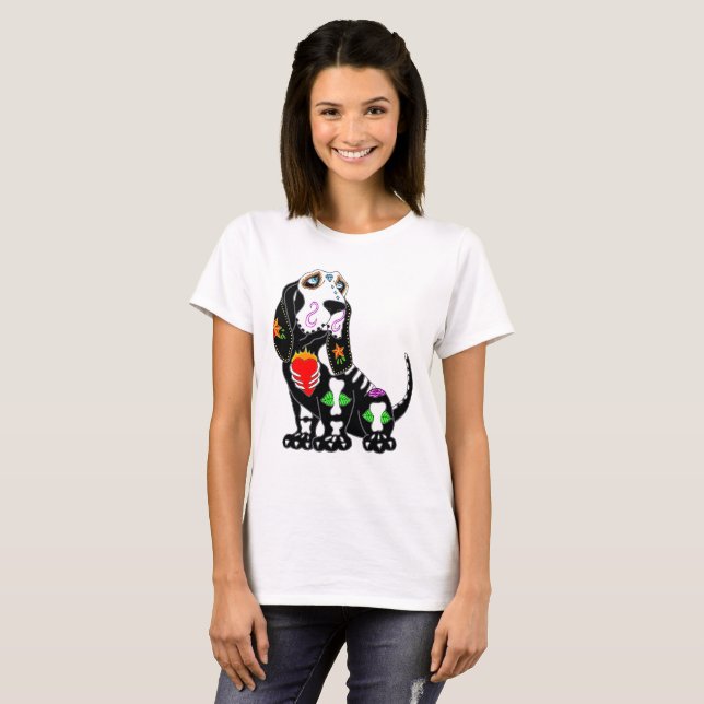 Basset Hound Sugar Skull T-Shirt (Front Full)