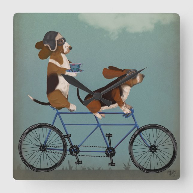 Basset Hound Tandem Square Wall Clock (Front)