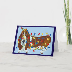 Basset Hound Tangled In Christmas Lights Card